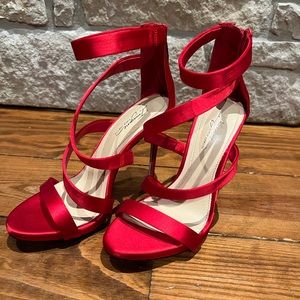 Vince Camuto Imagine Devin cherry red satin strappy heels, size 7, $60